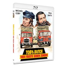"Toby & Butch: Vier Fäuste geben Zunder." Illustrationen von zwei Männern und zwei roten LKWs auf der Straße.