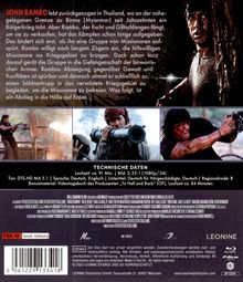 **Text:** John Rambo lebt zurückgezogen in Thailand. Missionare bitten ihn um Hilfe in einem Kriegsgebiet. Er stimmt zu, Gewalt folgt.

**Bilddetails:** Drei Szenen mit einer bewaffneten Person in verschiedenen Actionmomenten. FSK 18: Gewalt, Verletzung.