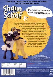Shaun das Schaf, 2 DVDs mit 20 Folgen der 6. Staffel. DVD 1: Die Teichreiniger, DVD 2: Sehr Verdächtig. 

Shaun umarmt fröhlich einen Hund.
