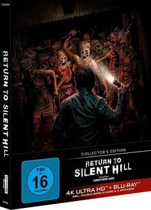 "Return to Silent Hill", "Collector’s Edition", FSK 16, "4K Ultra HD + Blu-ray". Eine Gestalt mit Taschenlampe vor düsteren Figuren.