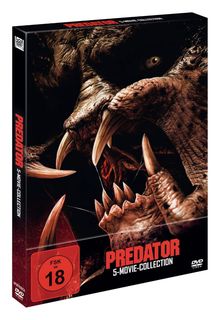 "Predator 5-Movie-Collection", "FSK ab 18". Eine grimmige Kreatur mit langen Fangzähnen zeigt ihre zornige Fratze.