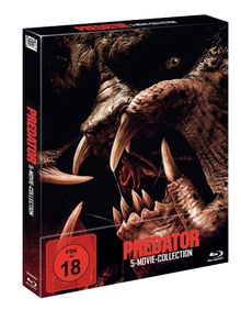 „Predator 5-Movie-Collection“, FSK ab 18. Raubtiergesicht mit großen Zähnen und bedrohlichem Blick.
