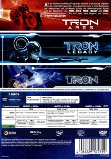 Texte erwähnen eine 3-Movie-Collection: "Tron Ares", "Tron Legacy", "Tron". Drei Zonen zeigen futuristische Szenen in Rot und Blau.