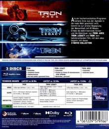 "TRON ARES", "TRON LEGACY", "TRON", "3 DISCS", FSK 12, 3-MOVIE-COLLECTION; dunkles Sci-Fi-Design mit futuristischen Szenen.
