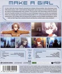 "MAKE A GIRL" ist der Titel, darunter ein Text zur Handlung über einen Wissenschaftler und einen Roboter. Vier Anime-Szenen.