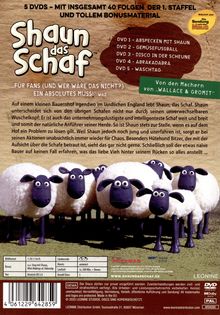 "Shaun das Schaf" oben, Schafe vorne, 5 DVDs und Folgenliste rechts; Satz über Shaun und Chaos auf Bauernhof.