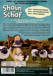 "Shaun das Schaf" oben, dann 3 DVD-Titel: 1. Ein Bad mit Tücken, 2. Der Drachenflieger, 3. Bitte lächeln! Darunter Illustration.