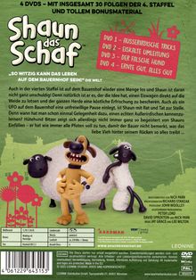 4 DVDs mit 30 Folgen der 4. Staffel. Titel: Shaun das Schaf. Episoden: Außerirdische Tricks, Eiskalte Umleitung, Der falsche Hund.