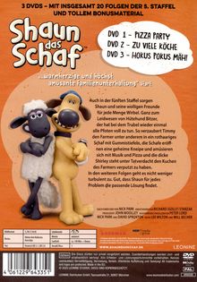 "Shaun das Schaf" in großer Schrift. Drei DVDs: "Pizza Party," "Zu viele Köche," "Hokus Pokus Mäh!" darunter Figuren von Schaf und Hund.