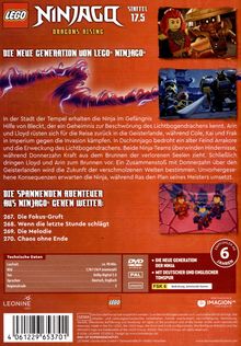 „Die neue Generation von Lego Ninjago.“ Bild zeigt Figuren und Szenen aus Ninjago Staffel 17.5, Drachen und Ninja-Charaktere.