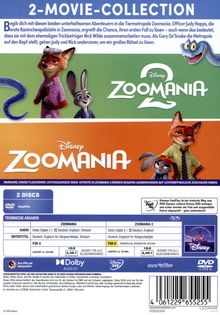 Text: "2-MOVIE-COLLECTION", "Zoomania 2", "Zoomania", "2 DISCS". 

Illustration: Tiere in Kleidung mit einem Fuchs, einem Hasen und einer Schlange.