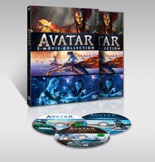 Texte: "AVATAR", "3-MOVIE-COLLECTION". Drei DVDs zeigen Szenen aus der Avatar-Filmreihe mit blauer, exotischer Umgebung.