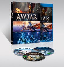 „AVATAR 3-Movie Collection“. Die Verpackung zeigt Szenen aus der Avatar-Serie. Drei Discs sind abgebildet.