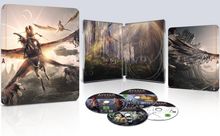 Text: "Avatar" auf mehreren Discs. Illustration von fantastischen Kreaturen und Landschaften auf CD-Hüllen und Verpackung.