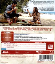 Oben: Zwei Kollegen (Rachel McAdams, Dylan O'Brien) als Überlebende eines Flugzeugabsturzes; Beschreibungen und technische Details. Im Hintergrund eine Strandkulisse.