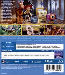 Texte: 

- "In Toy Story 5 von Disney•Pixar sind die Kult-Spielzeuge zurück..."
- "1 Disc mit Disney verbesserten High Definition-Bild und -Ton"
- "Laufzeit ca. 102 Min."
- "Deutsche, englische Untertitel"

Illustration: Spielzeugfiguren in einem Hausflur, darunter Woody und Jessie. Szenen aus dem Film sind darunter in kleineren Bildern zu sehen. Markenlogos: Disney, Pixar, Blu-ray Disc.