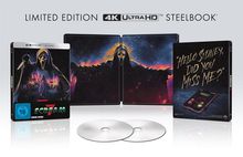 "LIMITED EDITION 4K ULTRA HD STEELBOOK" oben, "Hello Sidney, did you miss me?" rechts. Zwei silberne Discs unten.