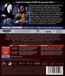Texte: "Special Features: Zusammen schreien, Frischfleisch, Wayans Welt, Filmschnitt-Analyse."  
Links eine Horror-Maskenfigur, rechts ein lächelnder Mann.