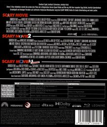 "Scary Movie" in roten Buchstaben. Texte über die ersten drei Filme. Bilddetails: Dauer, Tonspuren, Untertitel. Logos: Miramax, Dolby.
