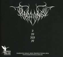 Verschnörkelter Schriftzug, darunter römische Ziffern I bis IV. Unten links ein Engel-Logo und Text "DARKNESS SHALL RISE."