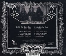 Texte: "Behind The Black Door (Demo 1987)", "Realm Of The Dark (Demo 1988)". Ein schwarz-weißes Design mit Bandfoto.