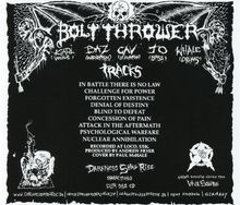 "Tracks: In Battle There is No Law, Challenge for Power. Illustration: Dämonen mit Knochenrahmen, Schädel und Flammen."