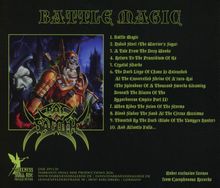 "BATTLE MAGIC" und Songliste in gelber Schrift. Illustration: Krieger in Rüstung, Gesicht mit Kapuze, dunkler Hintergrund.