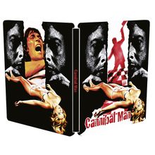 Text „Cannibal Man“. Zwei Männergesichter, schreiender Mann, Frau in Unterwäsche, roter Mann mit Axt.