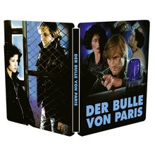 "DER BULLE VON PARIS" steht vor Porträts von Menschen im Detektiv-Stil. Eine Illustration mit Spannungselementen.