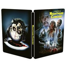 Text: "Ein Lucio Fulci Film, Nightmare Concert." Links ist eine Kreatur mit einem zerschlagenen Ei. Rechts eine Horrorszene.