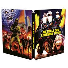 Text: "Die Hölle der lebenden Toten." Illustration mit Soldaten, Waffen, brennender Stadt und schreienden Gesichtern.