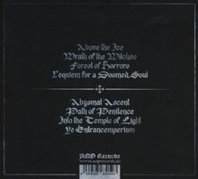 Oben sind Titel wie "Above the Ice". Unten "Abysmal Ascent". Schwarzer Hintergrund, gotische Schrift.