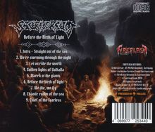 Album "Before the Birth of Light" mit 9 Tracks. Logo oben. Unten Versammlung von Kriegern um ein Feuer. Vintage-Szene.