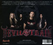 Albumrückseite: Songliste, 12 Titel, darunter "Fire and Water" und "Devil's Train". Bild: Vier Männer, rockiger Stil.