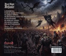 Texte: "Dead Night Defiance", 8 Tracks plus 1 Bonus-Track. Illustration: Krieger mit Bannern, Burg, Drachen und Feuer im Hintergrund.