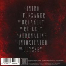 I. INTRO II. FORSAKER III. BREAKOUT IV. REFLECT V. ADRENALINE VI. INTOXICATED VII. ODYSSEY. Roter Hintergrund mit dunklen Punkten.
