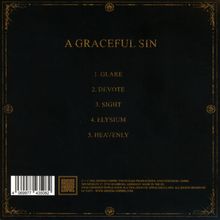 "A GRACEFUL SIN" zeigt eine Titelliste: 1. Glare, 2. Devote, 3. Sight, 4. Elysium, 5. Heavenly. Umrahmt von dekorativen Linien.