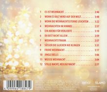 Trackliste eines Weihnachtsalbums: Songs wie "Es ist Weihnacht" und "Stille Nacht, Heilige Nacht". Hintergrund in warmen, leuchtenden Farben.