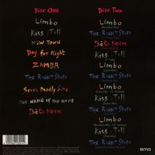 Texte: Disc One, Limbo, Kiss & Tell, New Town, Day for Night, Zamba, The Right Stuff, Seven Deadly Sins, The Name of the Game, Bête Noire; Disc Two, Mix-Varianten der Titel. Schwarzer Hintergrund.