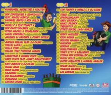 CD1 und CD2 Tracklisten mit Künstlernamen und Liedtiteln. Buntes, verspieltes Design mit zwei Cartoon-Figuren.