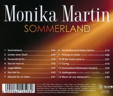 "Monika Martin SOMMERLAND" Trackliste mit 14 Titeln, Zeitangaben. Hintergrund in warmen Gelbtönen. Enthält ein Logo.