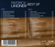 "Patrick Lindner Best Of" Liste von 40 Liedern auf 2 CDs, Titel und Dauer der Lieder. Enthält Logos von BMG und Telamo.