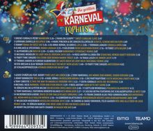 "Die größten Karneval Tophits" steht oben in der Mitte. Darunter bunte Konfetti und eine Trackliste mit CD1 und CD2.