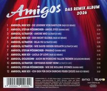 "Amigos - Das Remix Album 2026" und eine Titelliste von 12 Songs. Hintergrund ist rot-blau mit Lichteffekten.