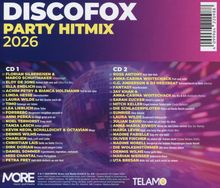 "DISCOFOX PARTY HITMIX 2026" in großen, gelben Buchstaben oben. Darunter sind die Songlisten für CD 1 und CD 2.