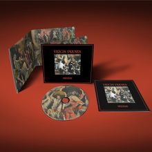 "Virgin Prunes", "Hérésie". CD-Hülle und Disc mit Gemälde-Illustrationen, geöffnetes Booklet zeigt Szenen in kräftigen Farben.