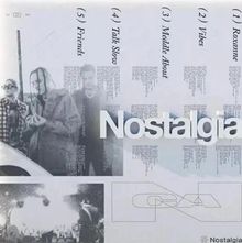 Oben: Roxanne, Vibes, Meditate About, Talk Slow, Friends. Groß: Nostalgia. Darunter verschwommene Figuren und ein abstraktes Design.