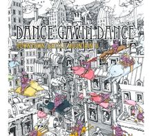 "Dance Gavin Dance, Downtown Battle Mountain II" steht über einer fantasievollen Stadt mit fliegenden Reittieren und Reitern.