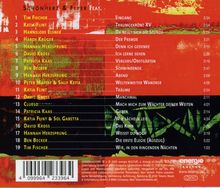 Trackliste eines Albums von Schönherz & Fleer mit Titeln und Gastkünstlern auf rotem Hintergrund.