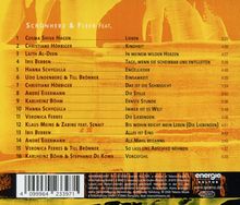 Liste von Liedern mit Künstlernamen und Titeln auf orangem Hintergrund, mit einer Landschaft im Hintergrund.